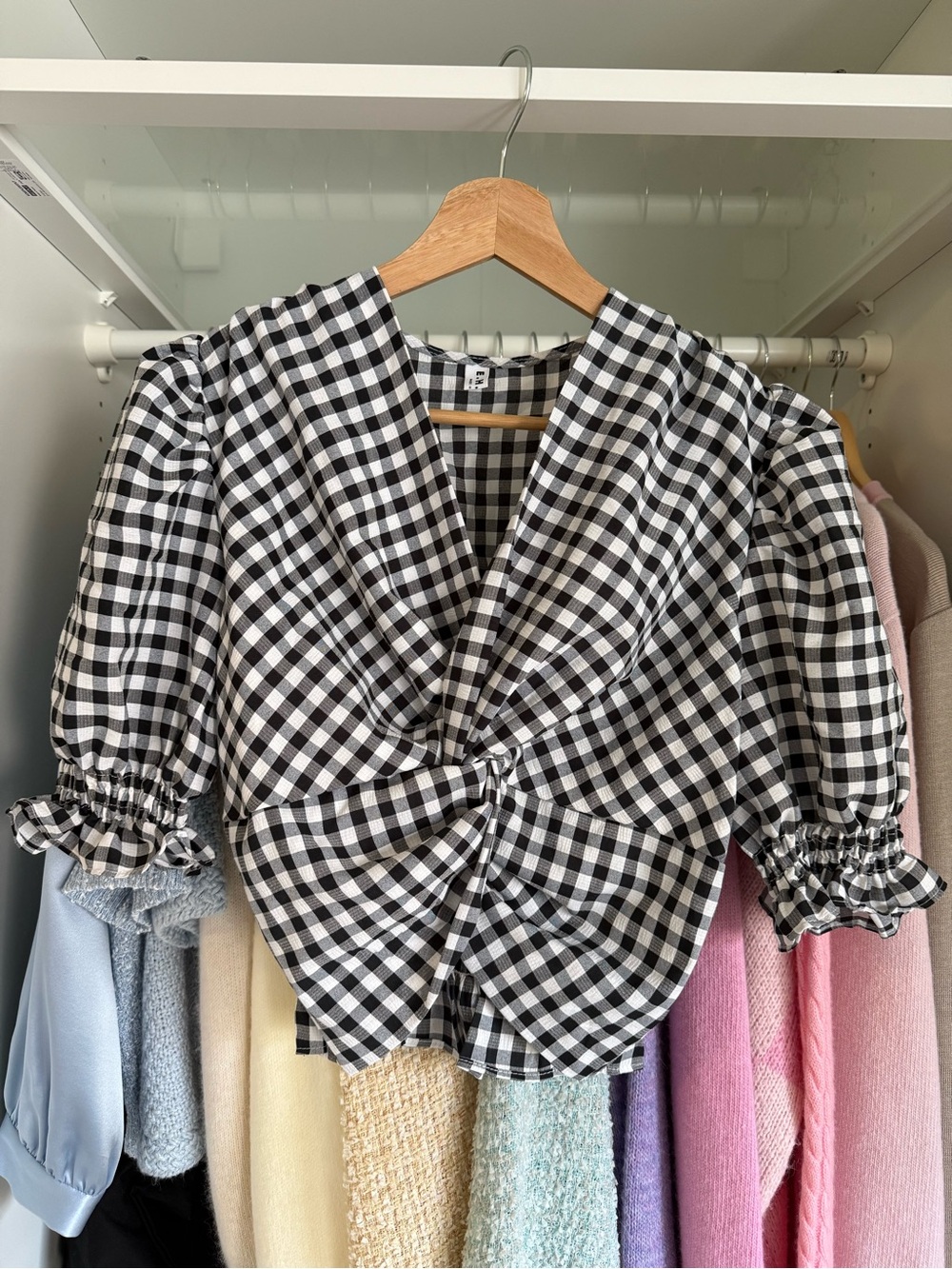 Women's Black and White Gingham Twist Front Top